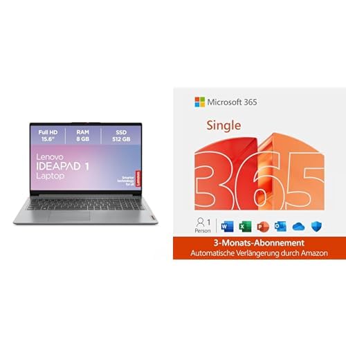 Lenovo IdeaPad 1 Laptop | 15,6" Full HD Display | AMD Ryzen 3 7320U | 8GB RAM | 512GB SSD | AMD Radeon Grafik | Win 11 Home | QWERTZ | grau | 3 Monate Premium Care | Microsoft 365 Single 3 Monate von Lenovo