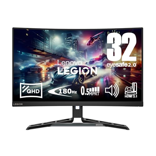 Lenovo Legion R32qc-30 | 31,5" QHD Curved Gaming Monitor | 2560x1440 | 180Hz | 350 nits | 0,5ms Reaktionszeit | VA-Panel | HDMI | DisplayPort | AMD FreeSync | entspiegelt | 8,3kg | schwarz von Lenovo