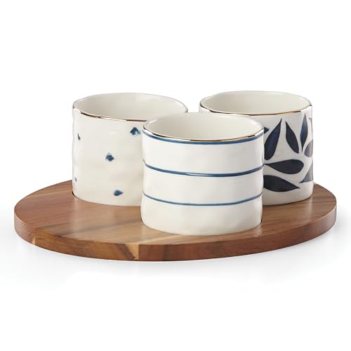 LENOX 890207 Piece Snack Bowl & Tray Set Blue Bay Snackschale und Tablett, 4-teilig, Porzellan/Holz, blau von Lenox