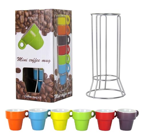 7-teiliges Espresso-Set 6 Stück bunte Espressotassen aus Steingut inkl. Metallhalterung für 6 Personen von Lentz
