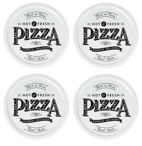 Lentz Pizzateller Ø 31cm aus Porzellan mit Retro Pizza Schriftzug - wahlweise inkl. Pizzaschneider (4er Set) von Lentz
