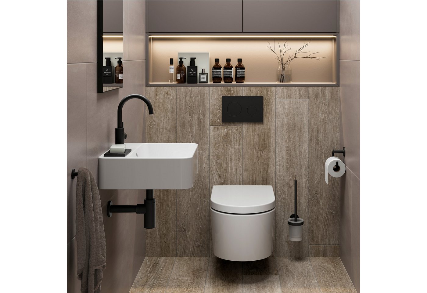 Lenz WC-Komplettset PERFECT FIT, wandhängend, (Gäste-Bad-Set Komplettes Gästebad als Set), 8-teiliges Bad-Set von Lenz