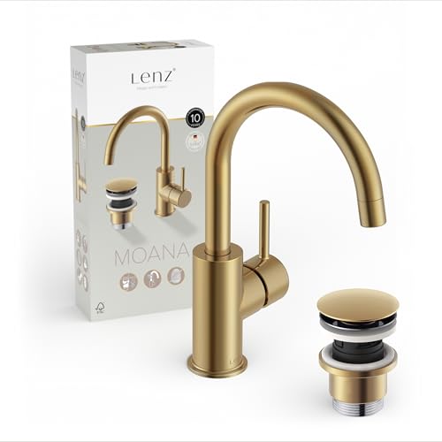 Lenz Waschtischarmatur MOANA in Gold-Optik – wassersparend dank hochwertiger Markenmischdüse – Anti-Fingerabdruck Oberfläche – 360° schwenkbarer Bogenauslauf – 46012341 von Lenz