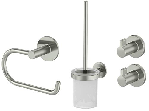 Lenz Bad-Accessoire-Set NOA in Nickel – 4-teilig – Toilettenpapierhalter, WC-Bürstengarnitur und Zwei Handtuchhaken – Zum Kleben oder Bohren – Mit Anti-Fingerabdruck Oberfläche – 4690022 von Lenz
