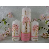 Taufkerze Lebensbaum - Taufkerzen Patenkerzen Set Baum Rosa Gold Taufgeschenke von LenzKerzen