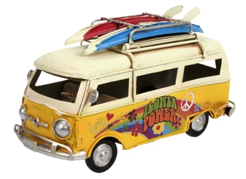 Hippi Bus Flower Power Metall gelb 16 cm mit Rahmen und Surfbrett Shabby Camper Vintage Auto Oldtimer Caravan Nostalgie Camping Reise Gutschein von Lenzbach