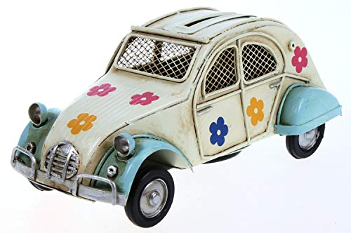 Metallauto geblümt hell blau 16 cm als Spardose Auto Metall PKW Oldtimer Ente Nostalgie Citroen 2CV von Lenzbach
