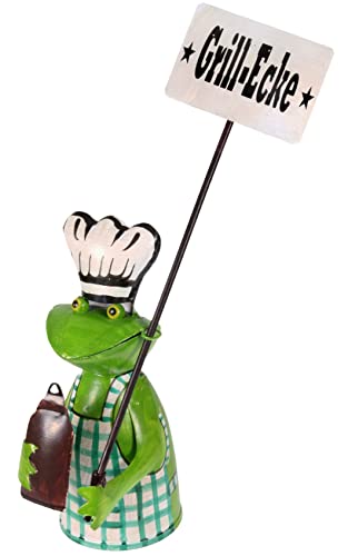 Zaunhocker Grill Frosch mit Ketchup und Kochmütze Grillecke 24 cm Figur aus Blech Grillen Kochen Metall Garten Deko Garten Balkon Dekofigur Pfostenhocker von Lenzbach