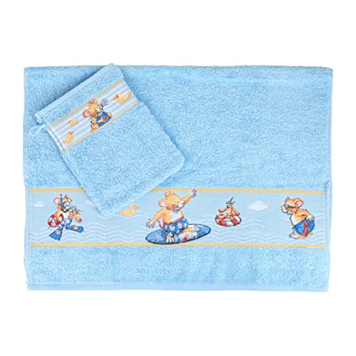 Leo Lausemaus Kinder Frottier-Set, 2-teilig, blau - mit flauschigem Kinderhandtuch und Waschhandschuh, für Jungen und Mädchen - Handtuch 50 x 70 cm, Waschlappen 16 x 21 cm von Leo Lausemaus