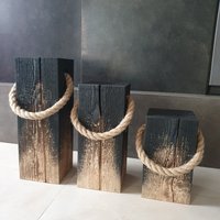3Er Set Dekosäule Kerzenständer Holz Deko Massivholz "Verbrannt" Effekt, Mit Juteseil/Ohne von LeoKraftStudio