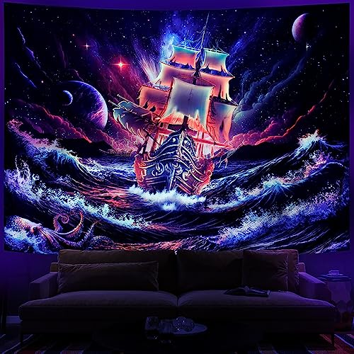 Leofanger Schwarzlicht-Galaxie-Wandteppich, Trippy Planet, UV-reaktives Neon, Ozeanwelle, Oktopus, Wandteppich, tolle Wellen, Sternenhimmel, Wandbehang für Heimdekoration (150.1x199.9 cm) von Leofanger