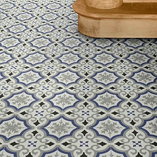 Bodenmaster PVC Bodenbelag Fliese Retro Alhambra Blau Weiß mit Textilrücken (Breite: 200 cm x Länge: 400 cm) von Leoline