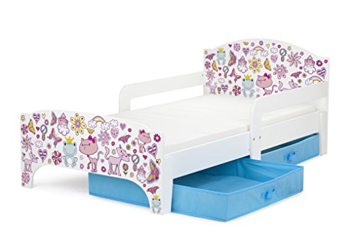 Leomark SMART Kleinkinderbett aus Holz - Pink Princess - Kinderbett mit Schubladen für Bettwäsche, Einzelbett mit Matratze, Stauraum, Rausfallschutz Lattenrost, Liegefläche 140 x 70 cm, UV-Druck von Leomark