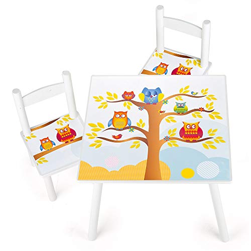 Leomark Weiß Holz Kindertisch und 2 Stühle Eulen Tisch Kinderstuhl für Kinder Sitzgruppe mit UV Aufdruck Mehrfarbig Tischgarnitur Dim 60 x 60 x 42 cm von Leomark