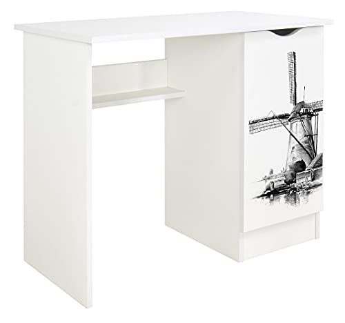 Leomark Weiß Kinderschreibtisch - Roma - Gemütlich Schreibtisch für Kinder mit Regal, Computertisch, Möbel für Kinderzimmer, Höhe: 77 cm (UV-Druck: Alte Windmühle) von Leomark