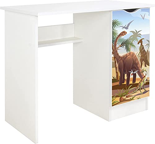Leomark Weiß Kinderschreibtisch - Roma - Gemütlich Schreibtisch für Kinder mit Regal, Computertisch, Möbel für Kinderzimmer, Höhe: 77 cm (Dino) von Leomark