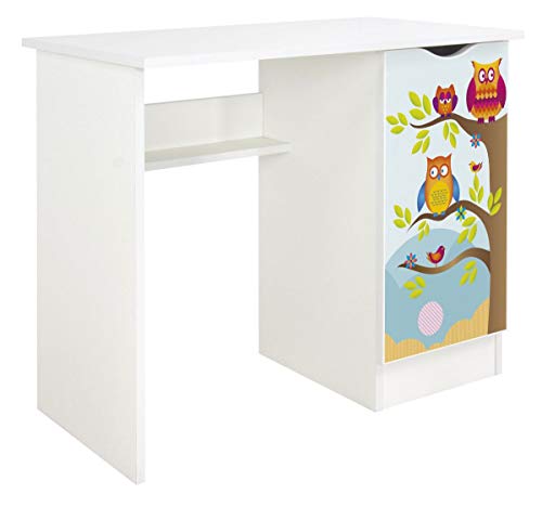 Leomark Weiß Kinderschreibtisch - Roma - Gemütlich Schreibtisch für Kinder mit Regal, Computertisch, Möbel für Kinderzimmer, Höhe: 77 cm (Eulen) von Leomark