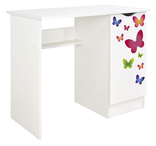 Leomark Weiß Kinderschreibtisch - Roma - Gemütlich Schreibtisch für Kinder mit Regal, Computertisch, Möbel für Kinderzimmer, Höhe: 77 cm (Schmetterlinge) von Leomark