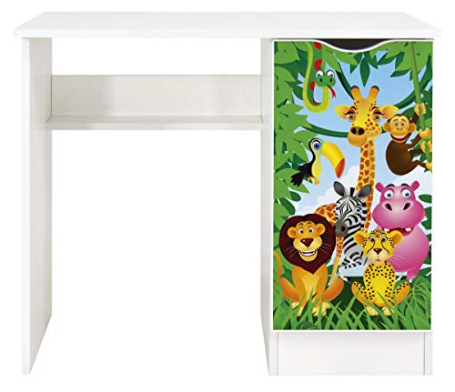 Leomark Weiß Kinderschreibtisch - Roma - Gemütlich Schreibtisch für Kinder mit Regal, Computertisch, Möbel für Kinderzimmer, Höhe: 77 cm (Tiere) von Leomark