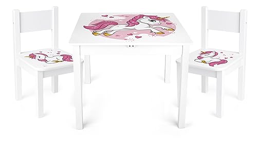 Leomark Weiß Kindertisch und 2 Stühle aus Holz - UV-Druck: Rosa Einhorn - Tisch Kinderstuhl für Kinder, Kindersitzgruppe, Sitzgruppe, Tischgarnitur, Dim: 60x60x49 (H) cm von Leomark