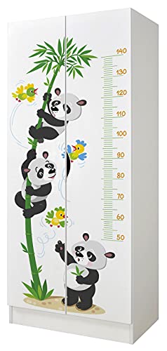 Leomark Weiß zweitüriger Kleiderschrank für Kinder - Roma - funktionaler Schwebetürenschrank, Dim: 70 x 42,5 x 161,5 (H) cm, Kommode, Schrank, Möbel für Kinder, UV-Druck: Pandas von Leomark