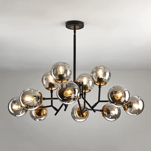 12-Licht Sputnik Schwarz Kronleuchter Mit Globe Glas Schwarz Und Gold Pendelleuchten Bubble Light Kronleuchter Für Landhaus Küche Esszimmer Wohnzimmer Schlafzimmer Büro von Leomix