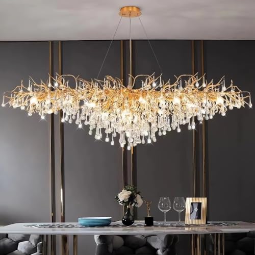 Baumzweig-Kronleuchter, Luxuriöse Rechteckige Kristall-Regentropfen-Pendelleuchte, 12 Lichter, Kücheninsel-Hängeleuchte Für Wohnzimmer, Esszimmer, Foyer, Eingangsbereich, Gold, L120cm von Leomix
