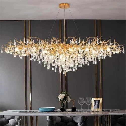 Goldfarbener Moderner Kristall-Baumzweig-Kronleuchter, 10 Lichter, Große Lineare Rechteckige Art-Deco-Regentropfen-Innenleuchte Für Kücheninsel, Wohnzimmer, Foyer, Treppe, L100cm von Leomix