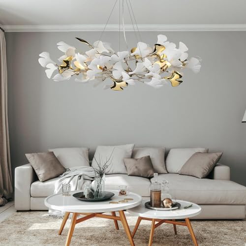 L80cm Zweig Kronleuchter Ginkgo Blatt Kronleuchter Gold Hängelampen Leuchten Rechteckig Wohnzimmer Schlafzimmer Esszimmer Beleuchtung Leuchte, 10-Licht von Leomix