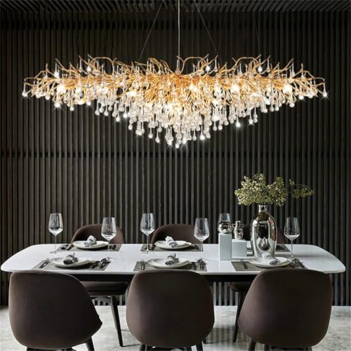 Leomix Moderne Kristallleuchte für Esszimmer - Goldene Rechteckige Deckenleuchte, Kristalltropfen-Zweige-Leuchten für Wohnzimmer, Schlafzimmer, Eingangsbereich, Flur, Hoher Decke,L140cm von Leomix