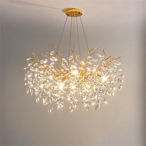 Leomix Moderner Kristallkronleuchter, 31,5-Zoll-Kronleuchter in Goldener Baumast-Optik Für Das Esszimmer, Höhenverstellbarer Großer Runder Kronleuchter, Luxuriöse Deckenleuchte Für Wohnzimmer, Küchen von Leomix