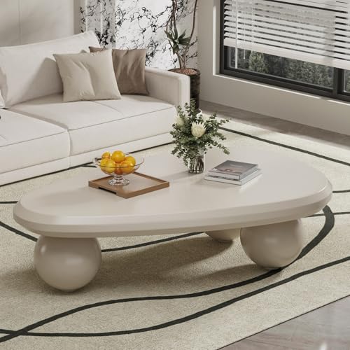 Leomix Moderner weißer Couchtisch aus Holz in Wolkenform, zentraler ovaler niedriger Tisch für das Wohnzimmer, unregelmäßiger, flippiger Couchtisch für den Innenbereich mit 3 Kugelbeinen(B100CM) von Leomix