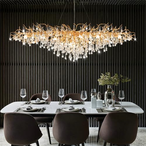 Moderner Rechteckiger Kristall-Baumzweig-Kronleuchter, L120cm Große Goldene Lineare Rechteckige Pendelleuchte Für Den Innenbereich Für Kücheninsel, Foyer, Wohnzimmer und Esszimmer, 12 Lichter von Leomix