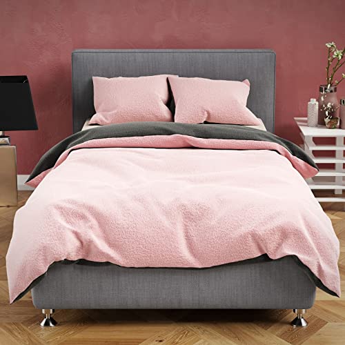 Leonado Vicenti 4 TLG Teddyplüsch Bettwäsche 155x200 cm Warme Winter Uni Wende Bett Bezug Set Cashmere Touch Anthrazit Rosa von Leonado Vicenti