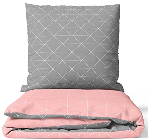 Leonado Vicenti - Baumwolle Bettwäsche 3tlg. Set 240 x 220 cm + 2X (80 x 80 cm) Raute Rosa Grau gestreift modern Schlafzimmer Garnitur Set Bezug Decke von Leonado Vicenti