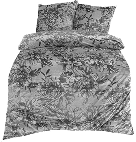 Leonado Vicenti Bettwäsche 135 x 200 cm 4 TLG Fleece mit Reißverschluß flauschig kuschelig warme Winter Bettwäsche Grautöne Blumenn von Leonado Vicenti