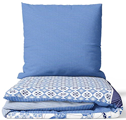 Leonado Vicenti Bettwäsche 200x220 cm Deckenbezug + 2X 80x80 cm Kissenbezug Set Baumwolle Renforce Weiss Blau Knitterfrei Schlafzimmer-Set King Size Reissverschluss... von Leonado Vicenti