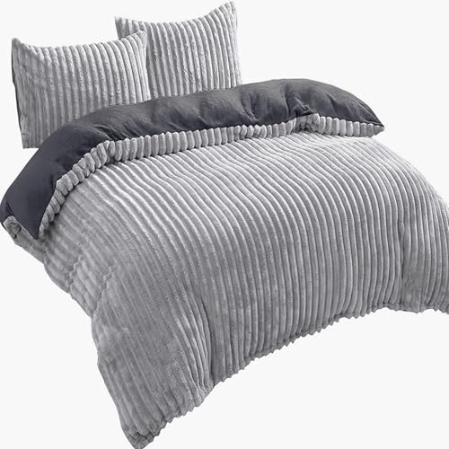 Leonado Vicenti Bettwäsche Cashmere-Touch Teddy Plüsch Set 155x200 cm Cord Optik Winter Coral Fleece kuschelig warm Grau Wendebettwäsche von Leonado Vicenti
