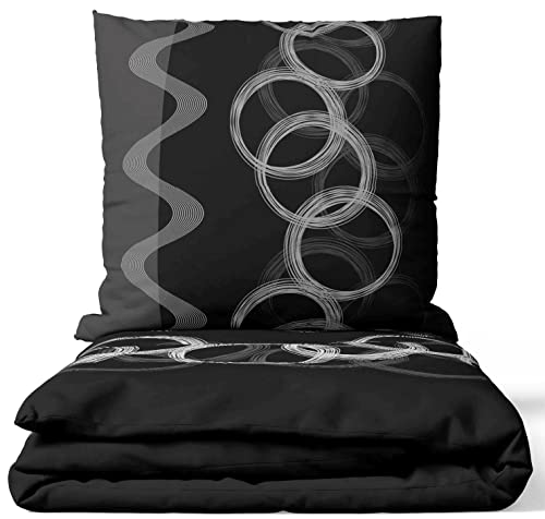 Leonado Vicenti - Bettwäsche Set 100% Baumwolle Renforce grau schwarz Kreise Garnitur Bezug Kissen mit Reißverschluss, Anzahl der Teile:2-teilig 155x220 cm von Leonado Vicenti