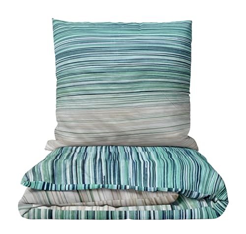 Leonado Vicenti Bettwäsche Set Baumwolle Renforce Grau Grün gestreift modernes Design Deckenbezug Kissenbezug atmungsaktiv mit Reißverschluss, 3teilig, 200x200 cm von Leonado Vicenti