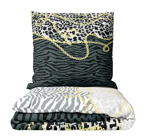 Leonado Vicenti Fleece Bettwäsche Set 4 teilig 135x200 cm Leopardenmuster Ketten Grau Winter Kuschelig warm Flauschig Allergikergeeignet von Leonado Vicenti