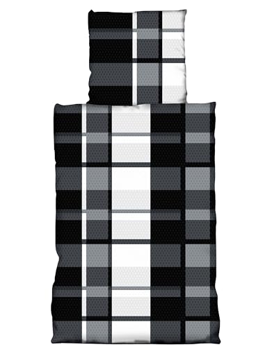 Leonado Vicenti Fleece Bettwäsche Set Kuschelig Warm Weich Schwarz Grau Weiß Kariert Ornamente Reißverschluss Winterbettwäsche, 155x220 cm, 2 teilig von Leonado Vicenti