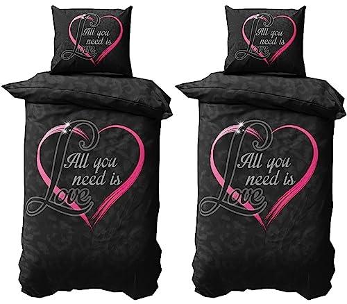 Leonado Vicenti Partner Bettwäsche 135x200 Microfaser 4 teilig Herz in Pink und Love Fotodruck mit Reißverschluss Schwarz von Leonado Vicenti