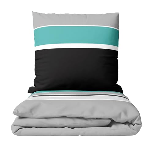 Leonado Vicenti Renforcé Bettwäsche Set Baumwolle 155x200 cm Streifen Design Petrol mit Reißverschluss weich hautfreundlich 4 Jahreszeiten von Leonado Vicenti