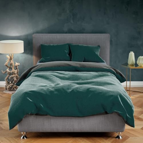 Leonado Vicenti Teddy Plüsch Bettwäsche 135x200 cm Warme Winter Uni Wende Bettbezug Cashmere Touch Anthrazit Dunkelgrün von Leonado Vicenti