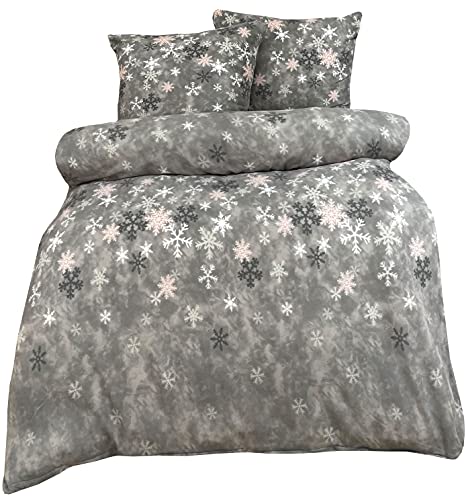 Leonado Vicenti - Warme Winter Bettwäsche Schneeflocken Kristall Grau Fleece gestreift modern Schlafzimmer Garnitur Set Bezug Decke wählbar 135x200 / 155x220 / 200x200 / 200x220 / 240x220 von Leonado Vicenti