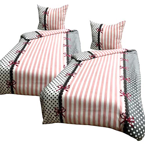 Leonado Vicenti Winter Bettwäsche 155x220 cm Thermofleece Flauschig Garnitur Set Bettbezug Grau Weiß Rosa Schleife 4 TLG von Leonado Vicenti