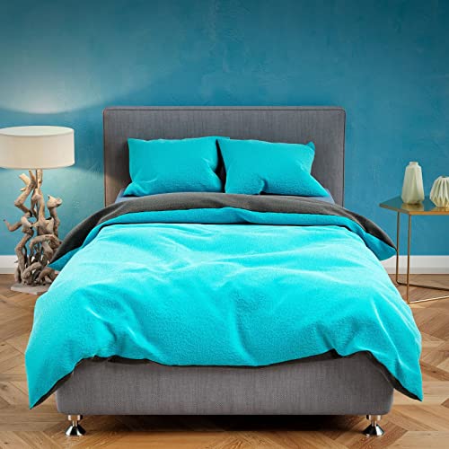 Leonado Vicenti Winter Plüsch Bettwäsche 200x220 cm Premium Cashmere Touch Warme Uni Schlafzimmer Set Doppelkissen Anthrazit Petrol Türkis von Leonado Vicenti