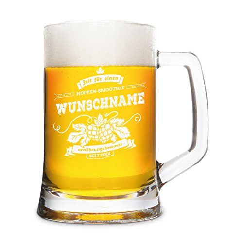 Personalisierter Bierkrug 0,5 L mit Gravur - Hopfen-Smoothie Motiv - Bierseidel als Geschenk für Männer zu Weihnachten - mit Laser der Name in das Bierglas eingebrannt von Leonardo und Kartenmachen.de