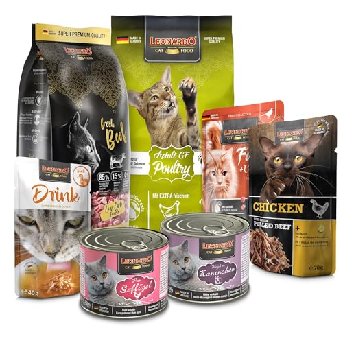 LEONARDO Katzenfutter Kennenlernpaket, 2 Sorten Trockenfutter und 5 Sorten Nassfutter für Katzen, ohne Zusatzstoffe, für alle Rassen, Made in Germany von Leonardo